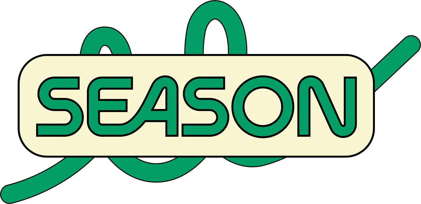 SEASON identity: green lettering and a hand-drawn search line on cream